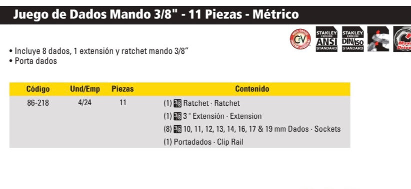 JUEGO DE DADOS MANDO 3/8" DE 11 PIEZAS - MÉTRICO STANLEY / REF: LRF-86-218