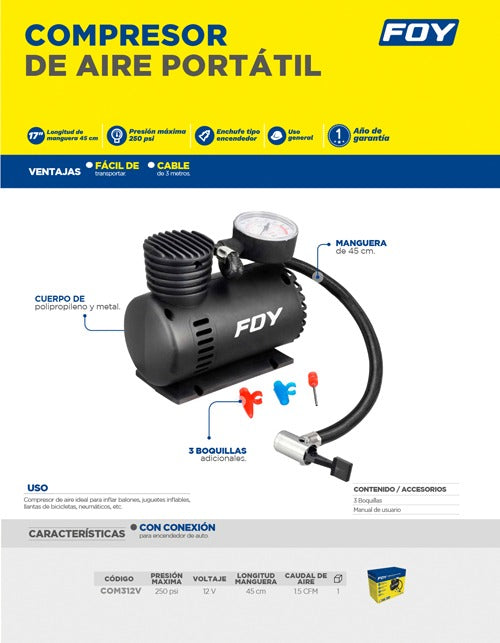 COMPRESOR DE AIRE PORTATIL 250 PSI 12V FOY COM312V