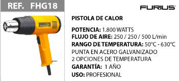 PISTOLA DE CALOR 1.800W (50°C - 630°C) FURIUS / REF: FHG18