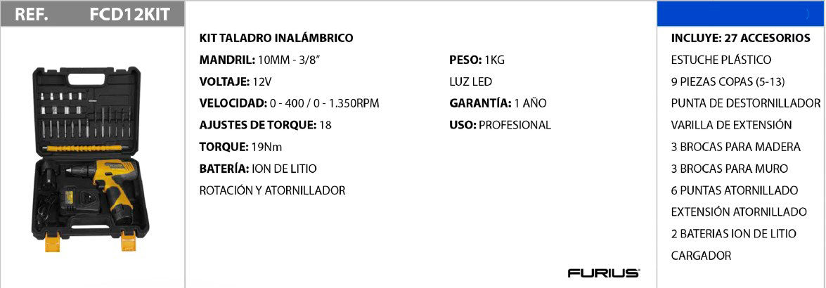 KIT TALADRO INALÁMBRICO DE ROTACIÓN 3/8" - 12V FURIUS / REF: FCD12KIT