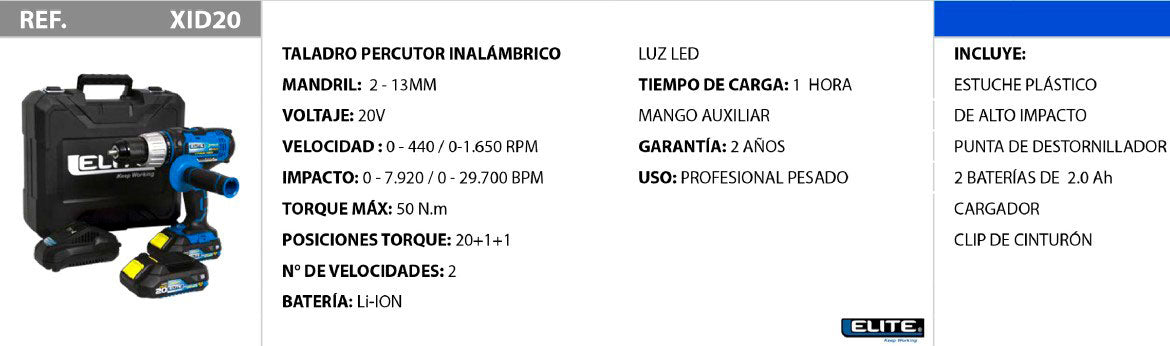TALADRO PERCUTOR INALÁMBRICO 1/2" 20V + 2 BATERIAS ELITE / REF: XID20
