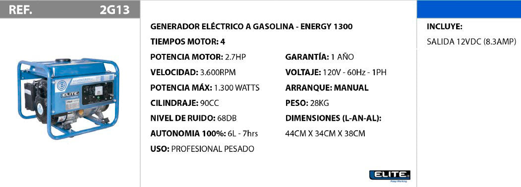 GENERADOR ELECTRICO A GASOLINA - ENERGY 1300 / 2G13