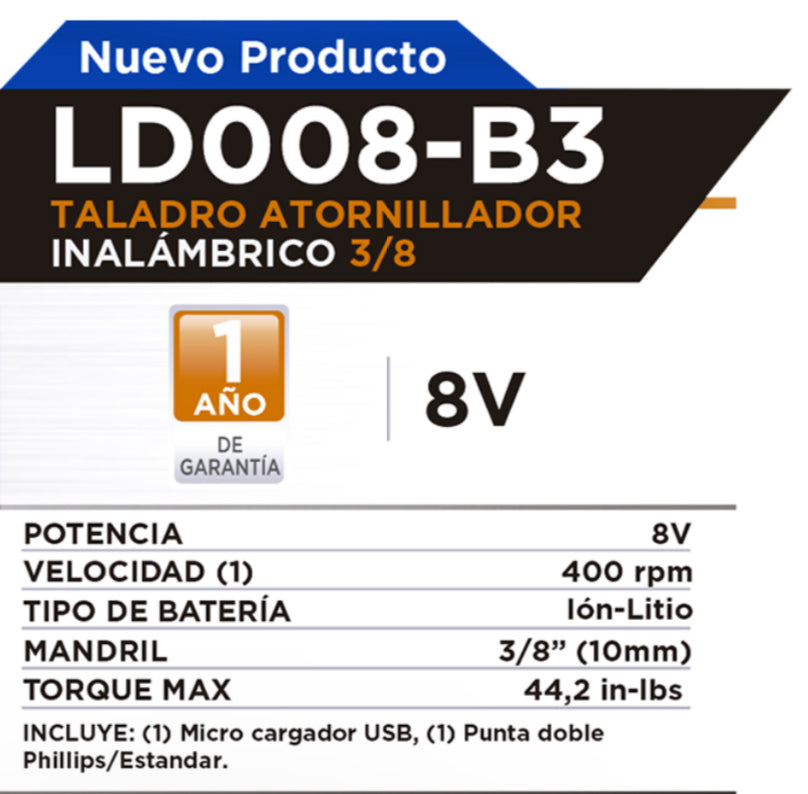 TALADRO ATORNILLADOR INALÁMBRICO 3/8" - 8V BLACK DECKER / REF: LD008-B3