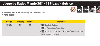 JUEGO DE DADOS MANDO 3/8" DE 11 PIEZAS - MÉTRICO STANLEY / REF: LRF-86-218