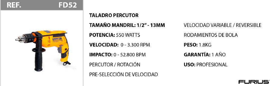 TALADRO PERCUTOR DE 1/2" - 13MM 550W - 2700 RPM FURIUS / REF: FD52