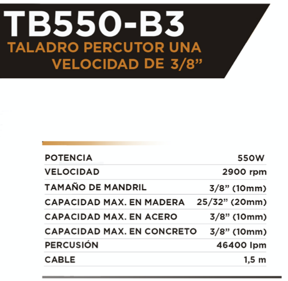 TALADRO PERCUTOR 3/8" DE UNA VELOCIDAD 2.900 RPM 550W BLACK DECKER / REF: TB550-B3