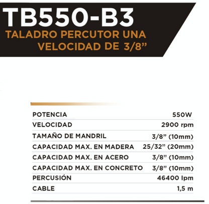 TALADRO PERCUTOR 3/8" DE UNA VELOCIDAD 2.900 RPM 550W BLACK DECKER / REF: TB550-B3