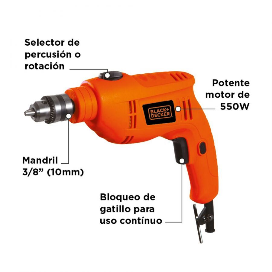TALADRO PERCUTOR 3/8" DE UNA VELOCIDAD 2.900 RPM 550W BLACK DECKER / REF: TB550-B3