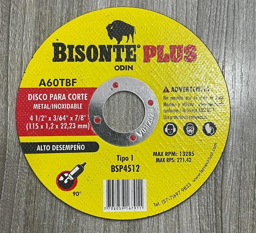 DISCO BISONTE PARA CORTE METAL/INOXIDABLE 41/2"X3/64"X7/8"