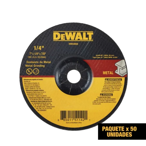 Disco Abrasivo de Desbaste T27 7 x 1/4 Pulgadas Dw54850 Dewalt Set X 50 Unidades
