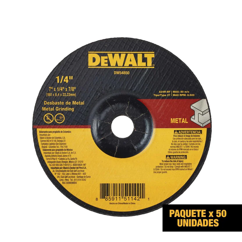 Disco Abrasivo de Desbaste T27 7 x 1/4 Pulgadas Dw54850 Dewalt Set X 50 Unidades