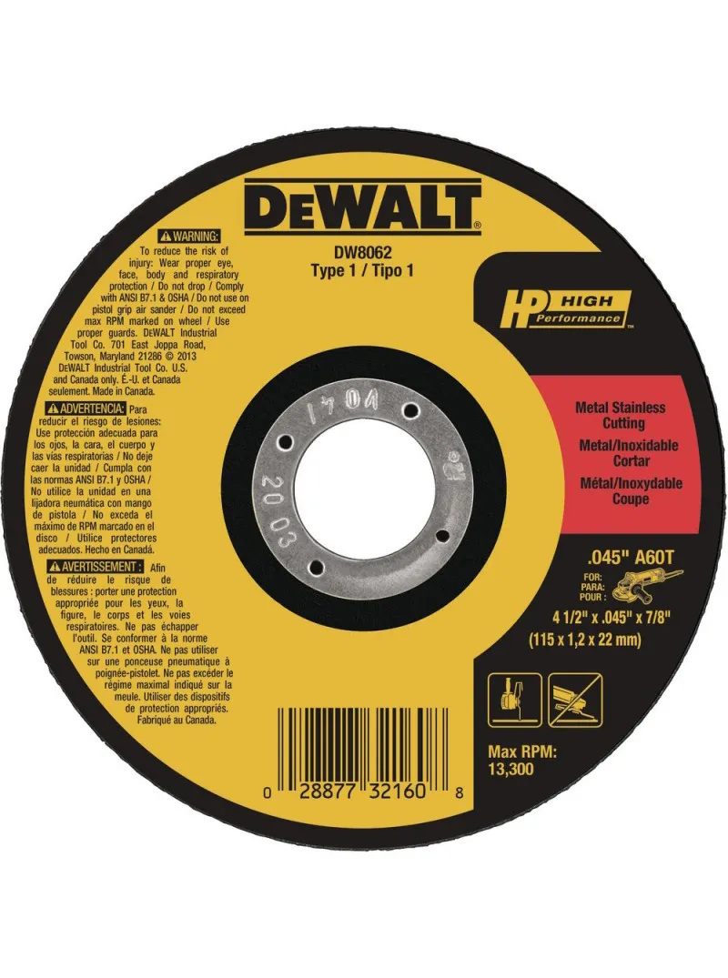 DISCO CORTE INOXIDABLE T1 4.1/2″X 1.2mm ARG DW8062-AR DEWALT