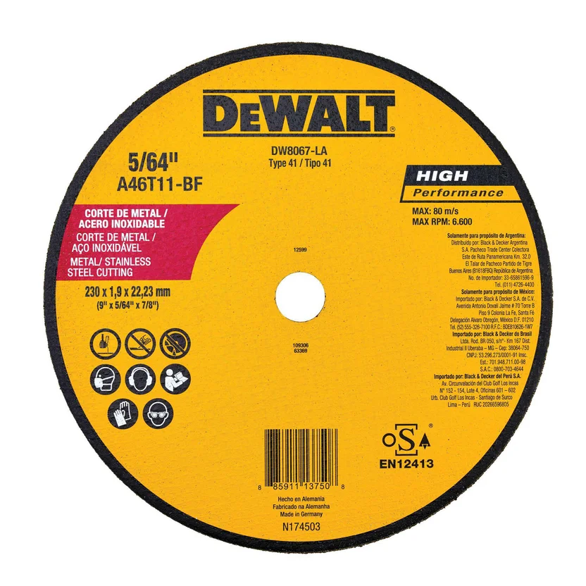 Disco Abrasivo Corte Metal 9 X 0.065 Pulgadas Ref DW8067LA