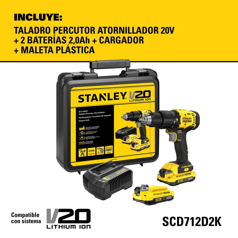 STANLEY Taladro Atornillador Inalámbrico 1/2'' (13mm) 20V MAX SCD701D2K con 2 Baterías, Cargador y Maleta – Potencia, Autonomía y Portabilidad, SCD701D2K-B3 - Image 2